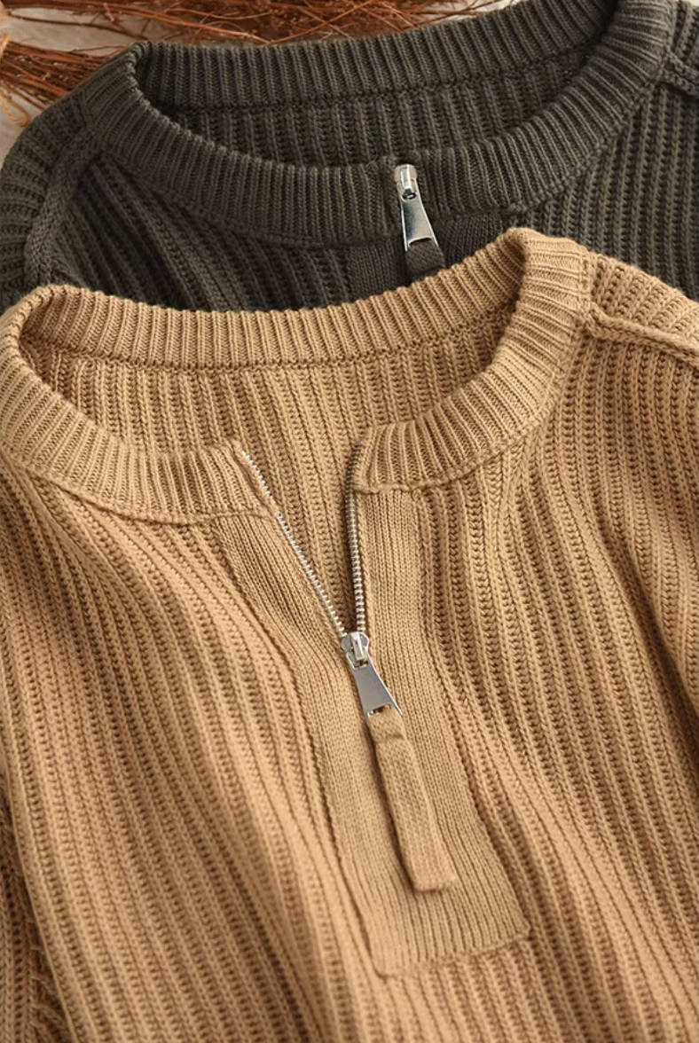 Autumn Casual Wool Knitted Round Neck Zipper Top Sweater