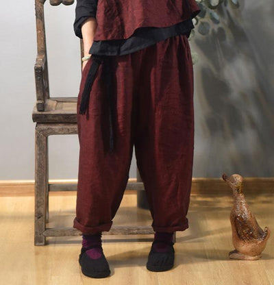 Women Loose-Fit Vintage Shine Color-Woven Linen Harem Pants