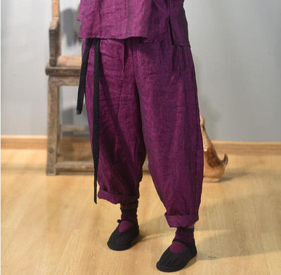 Women Loose-Fit Vintage Shine Color-Woven Linen Harem Pants