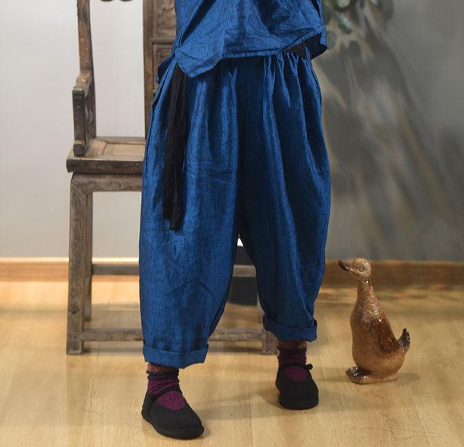 Women Loose-Fit Vintage Shine Color-Woven Linen Harem Pants