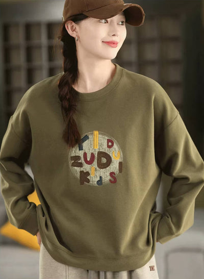 Retro Versatile Cotton Letter Printed Round Neck Loose Overshirt