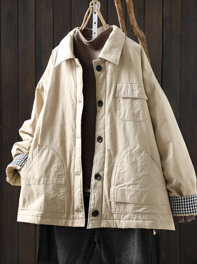 Women Winter Cotton Warm Patchwork Plaid Cotton-In Coat