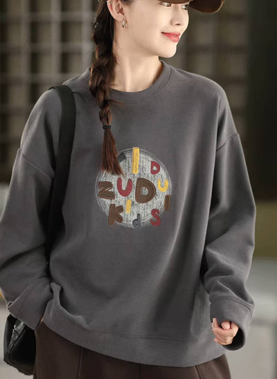 Retro Versatile Cotton Letter Printed Round Neck Loose Overshirt