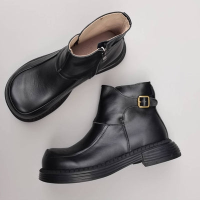 Women Autumn Genuine Leather Wide Toe Soft Sole Zipper Boots