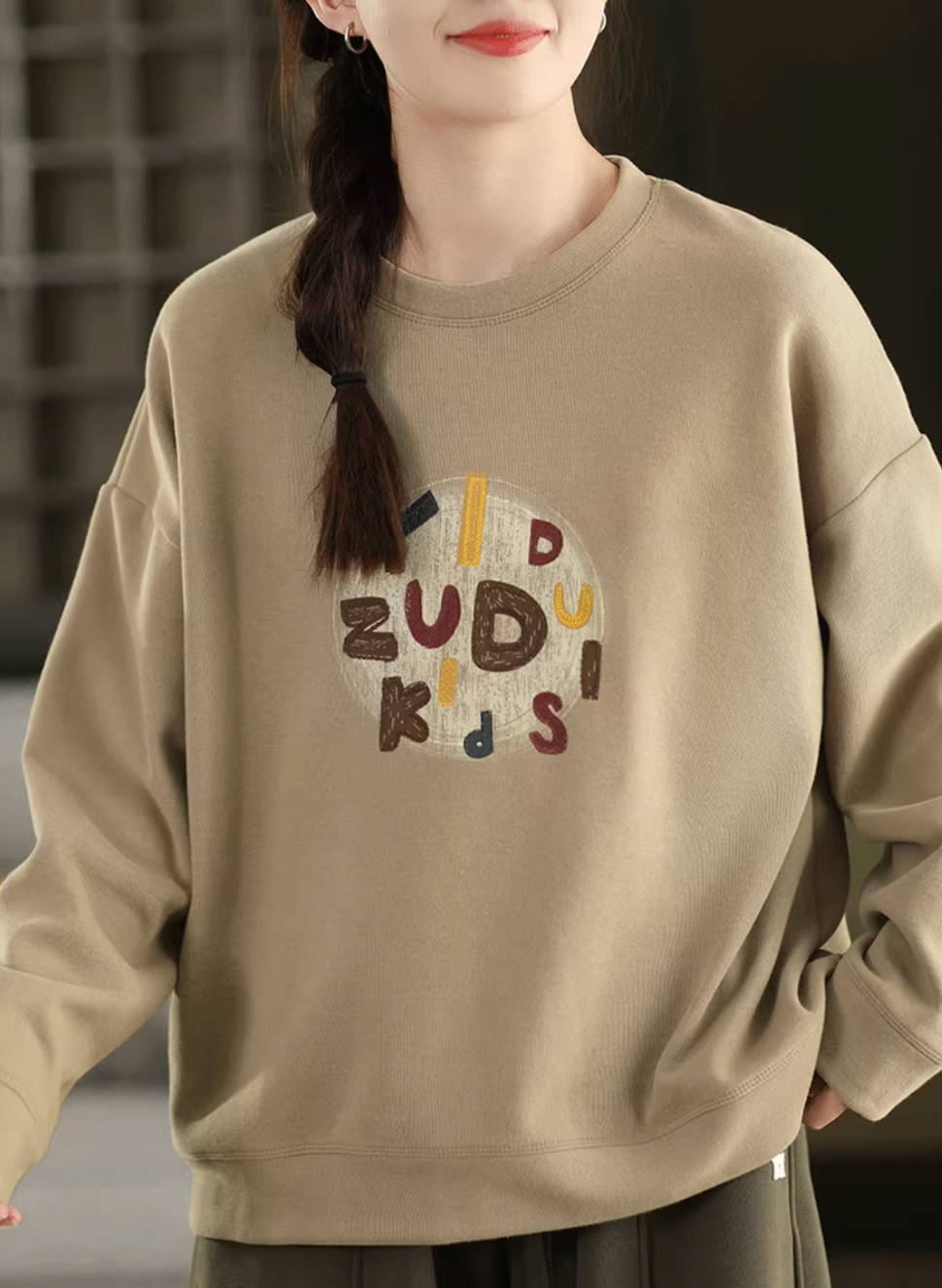 Retro Versatile Cotton Letter Printed Round Neck Loose Overshirt