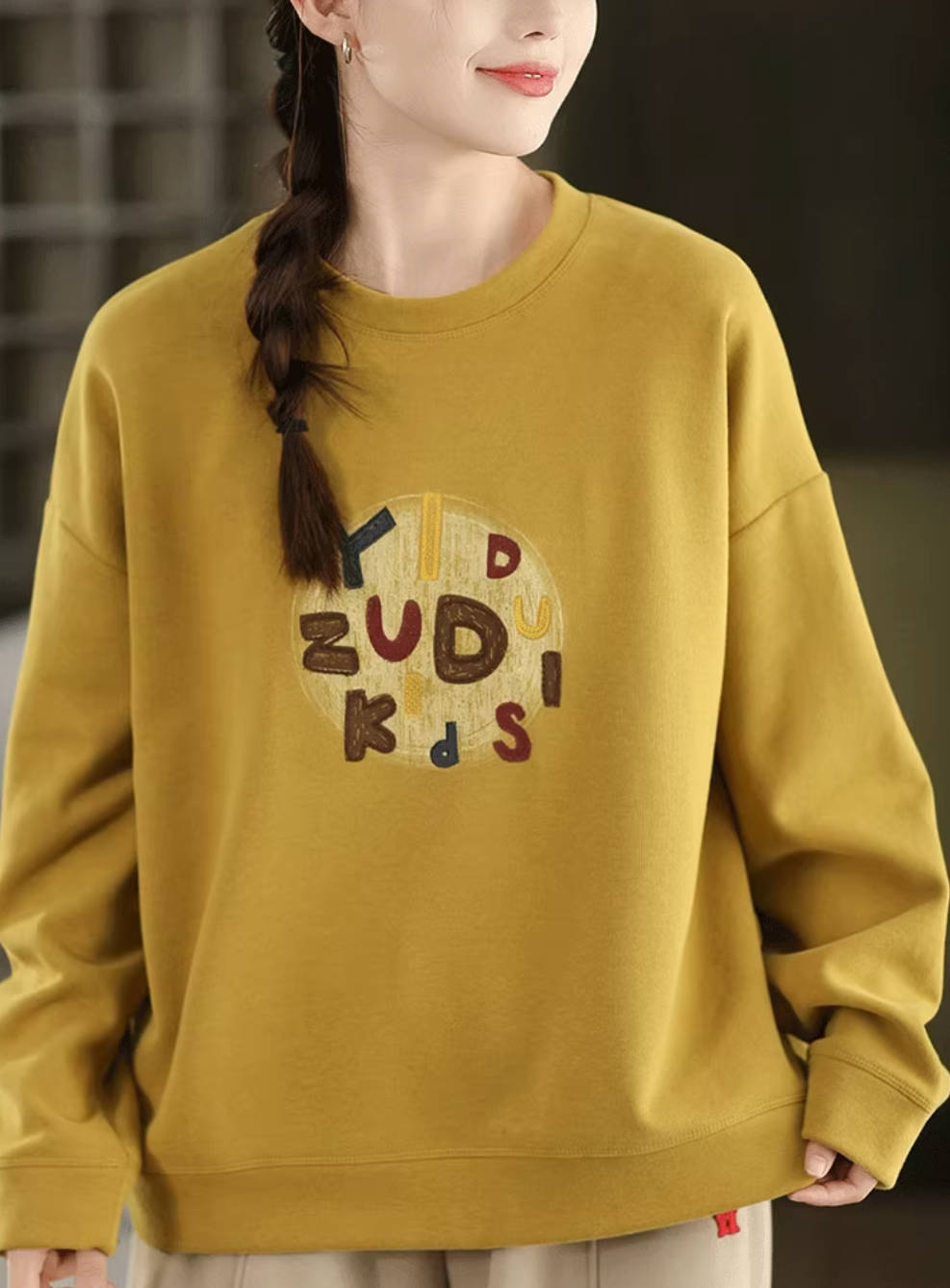 Retro Versatile Cotton Letter Printed Round Neck Loose Overshirt