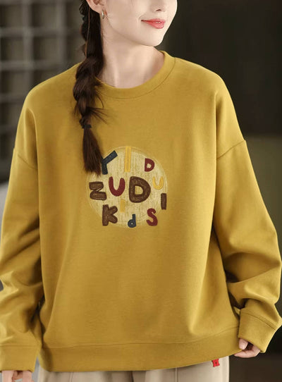 Retro Versatile Cotton Letter Printed Round Neck Loose Overshirt