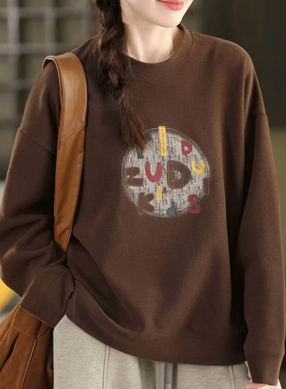 Retro Versatile Cotton Letter Printed Round Neck Loose Overshirt