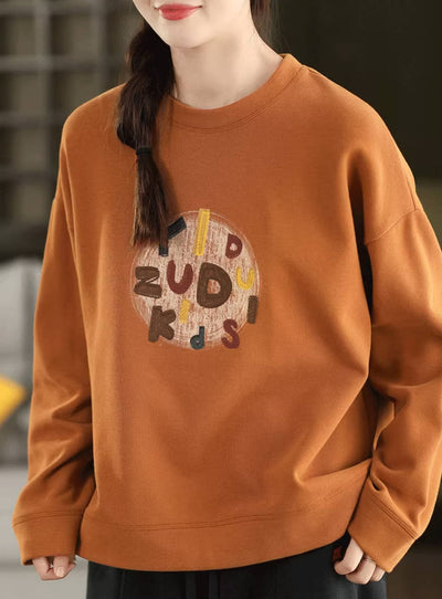 Retro Versatile Cotton Letter Printed Round Neck Loose Overshirt