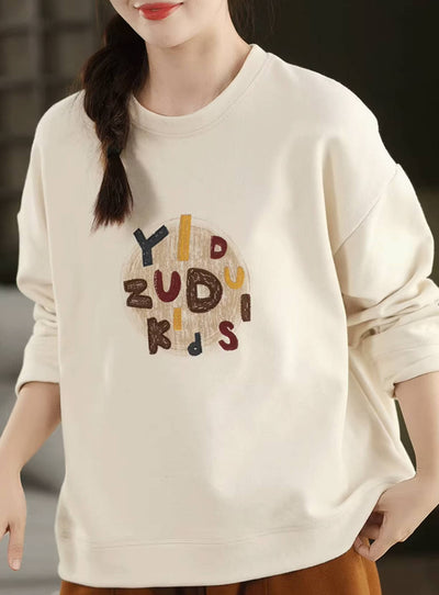 Retro Versatile Cotton Letter Printed Round Neck Loose Overshirt