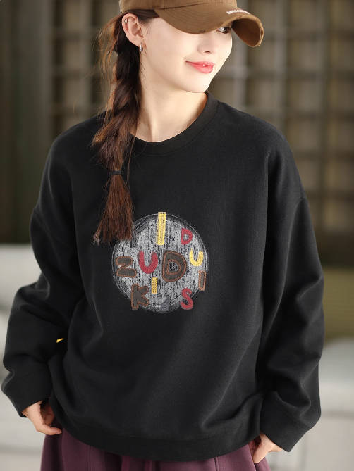 Retro Versatile Cotton Letter Printed Round Neck Loose Overshirt