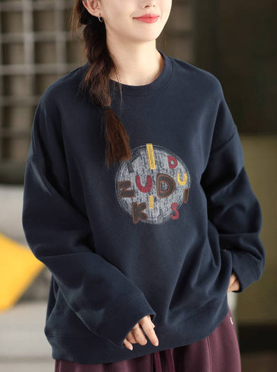 Retro Versatile Cotton Letter Printed Round Neck Loose Overshirt