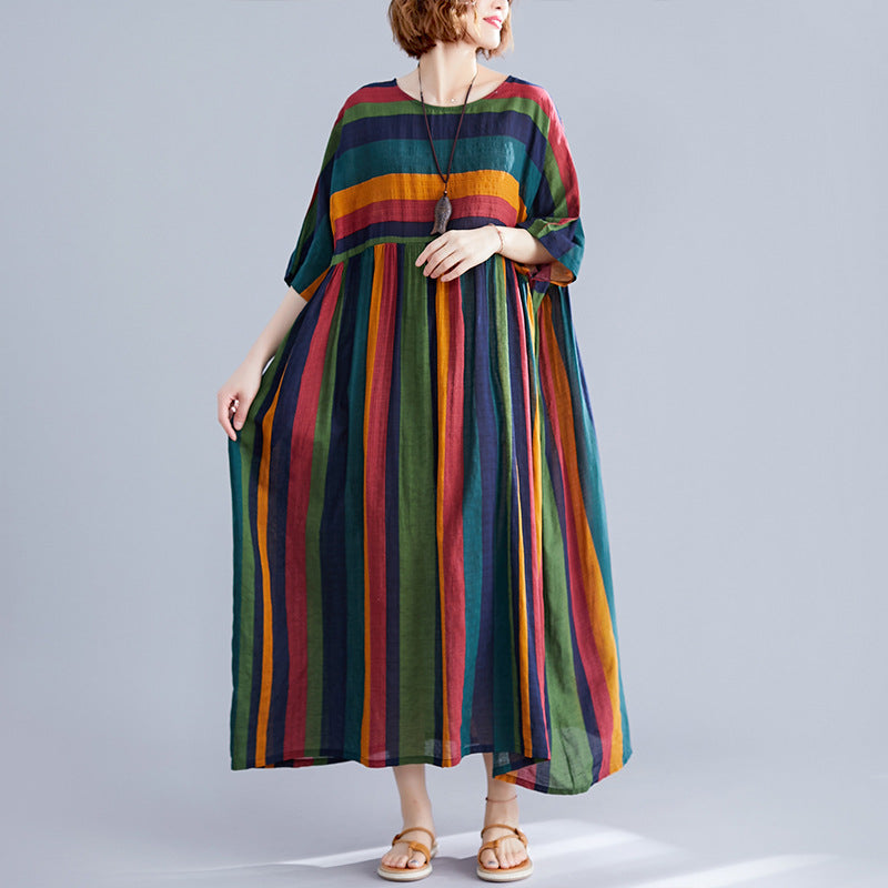Women Retro Cotton Linen Striped Patchwork Round Neck Dress