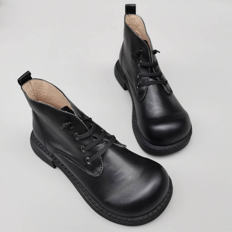 Retro Top Leather Round Wide Toe Soft Sole Elastic Slip-On Boots
