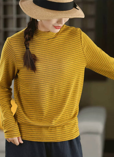 Retro Cotton Thin Striped High Neck Long Sleeves Overshirt