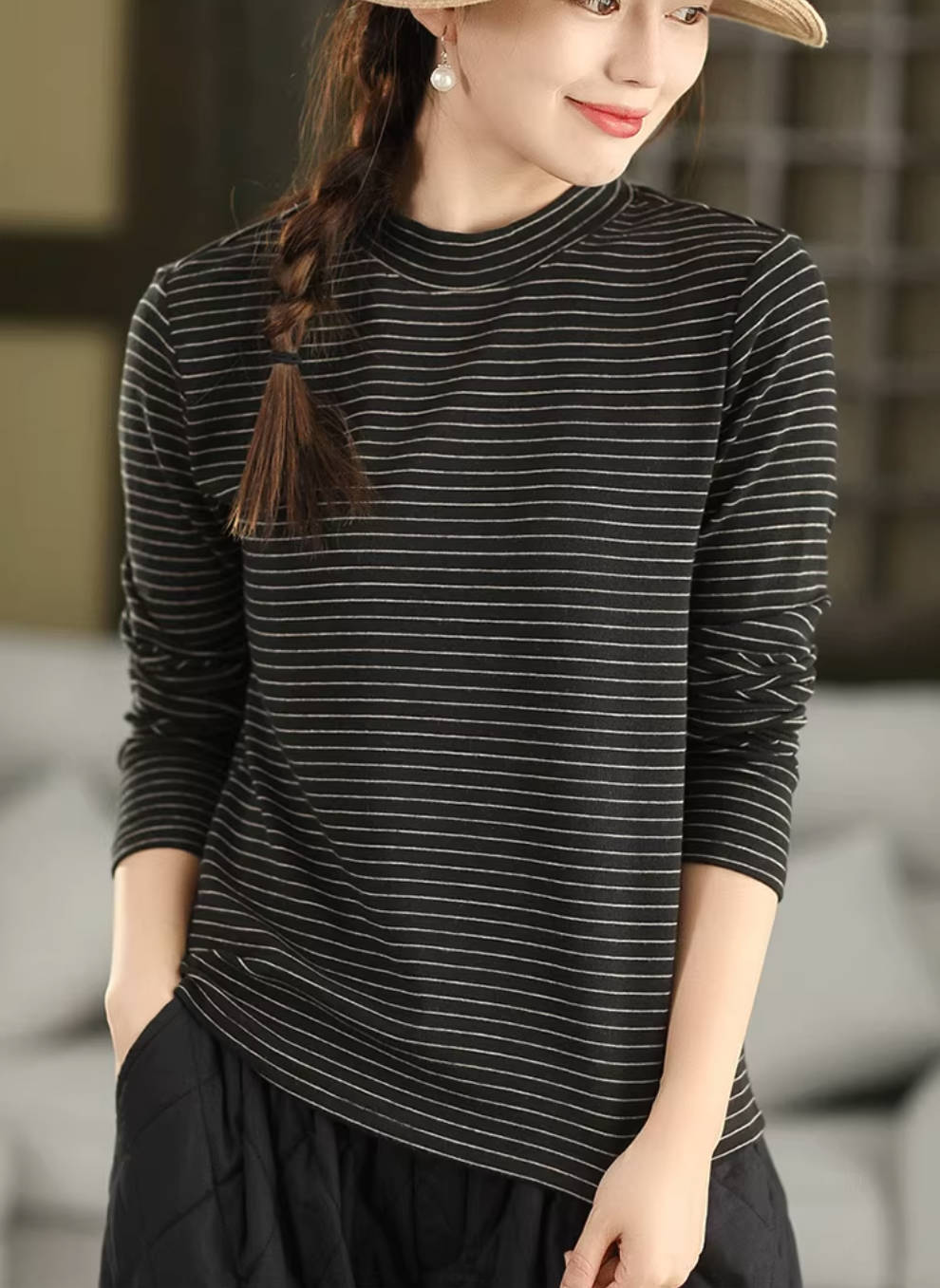 Retro Cotton Thin Striped High Neck Long Sleeves Overshirt