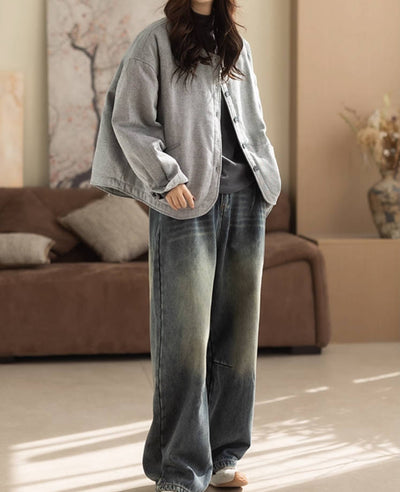 Winter Warm Cotton Wool Round Neck Single-Breasted Loose Coat