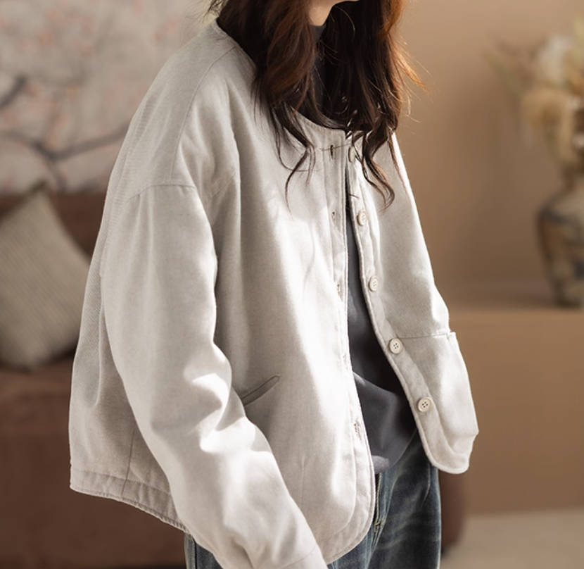 Winter Warm Cotton Wool Round Neck Single-Breasted Loose Coat