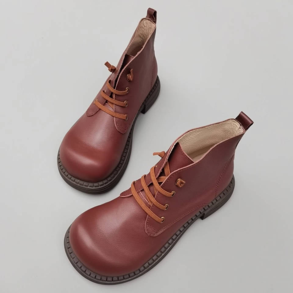 Retro Top Leather Round Wide Toe Soft Sole Elastic Slip-On Boots