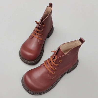 Retro Top Leather Round Wide Toe Soft Sole Elastic Slip-On Boots