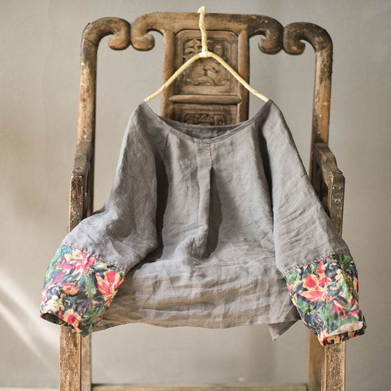 Ladies Retro Patchwork Printed Loose Cotton Linen Pullover