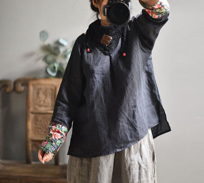 Ladies Retro Patchwork Printed Loose Cotton Linen Pullover