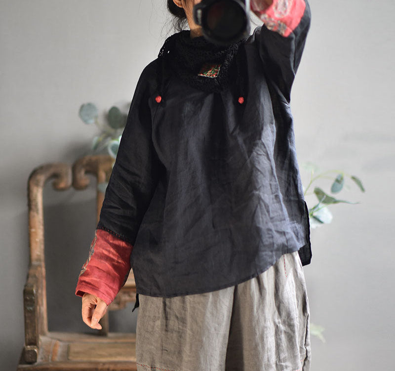 Ladies Retro Patchwork Printed Loose Cotton Linen Pullover