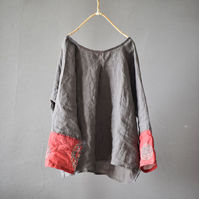 Ladies Retro Patchwork Printed Loose Cotton Linen Pullover