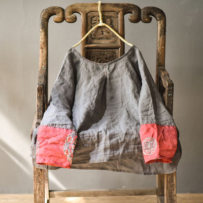 Ladies Retro Patchwork Printed Loose Cotton Linen Pullover