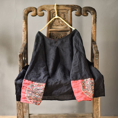 Ladies Retro Patchwork Printed Loose Cotton Linen Pullover