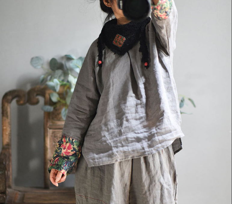 Ladies Retro Patchwork Printed Loose Cotton Linen Pullover