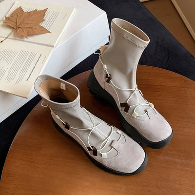 Fashionable Leather Sueded Patchwork Platform Ankle Boots