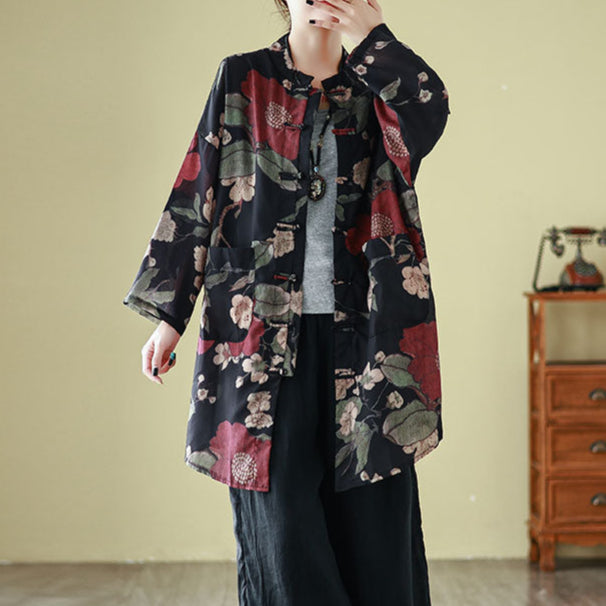 Babakud Women Spring Vintage Ramie Floral Long Cardigan Shirt
