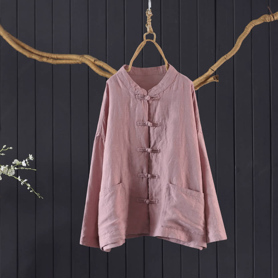 Autumn Linen Chinese Round Neck Frog Button Loose Shirt