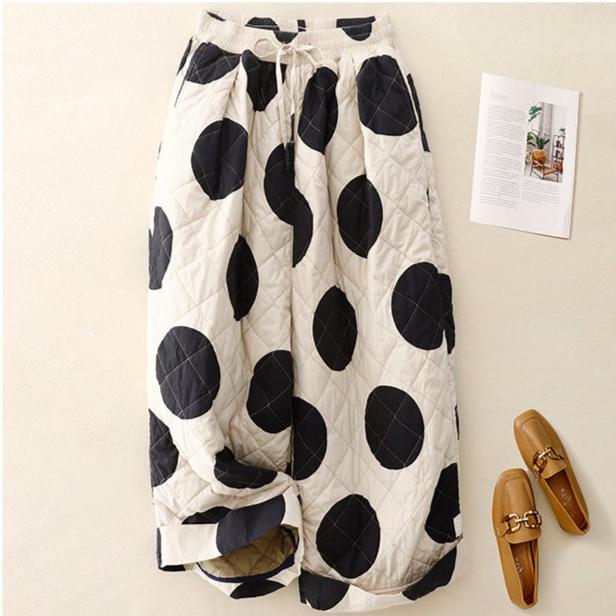 Women Winter Quilted Polka Dot Wide-Leg Cotton Casual Pants