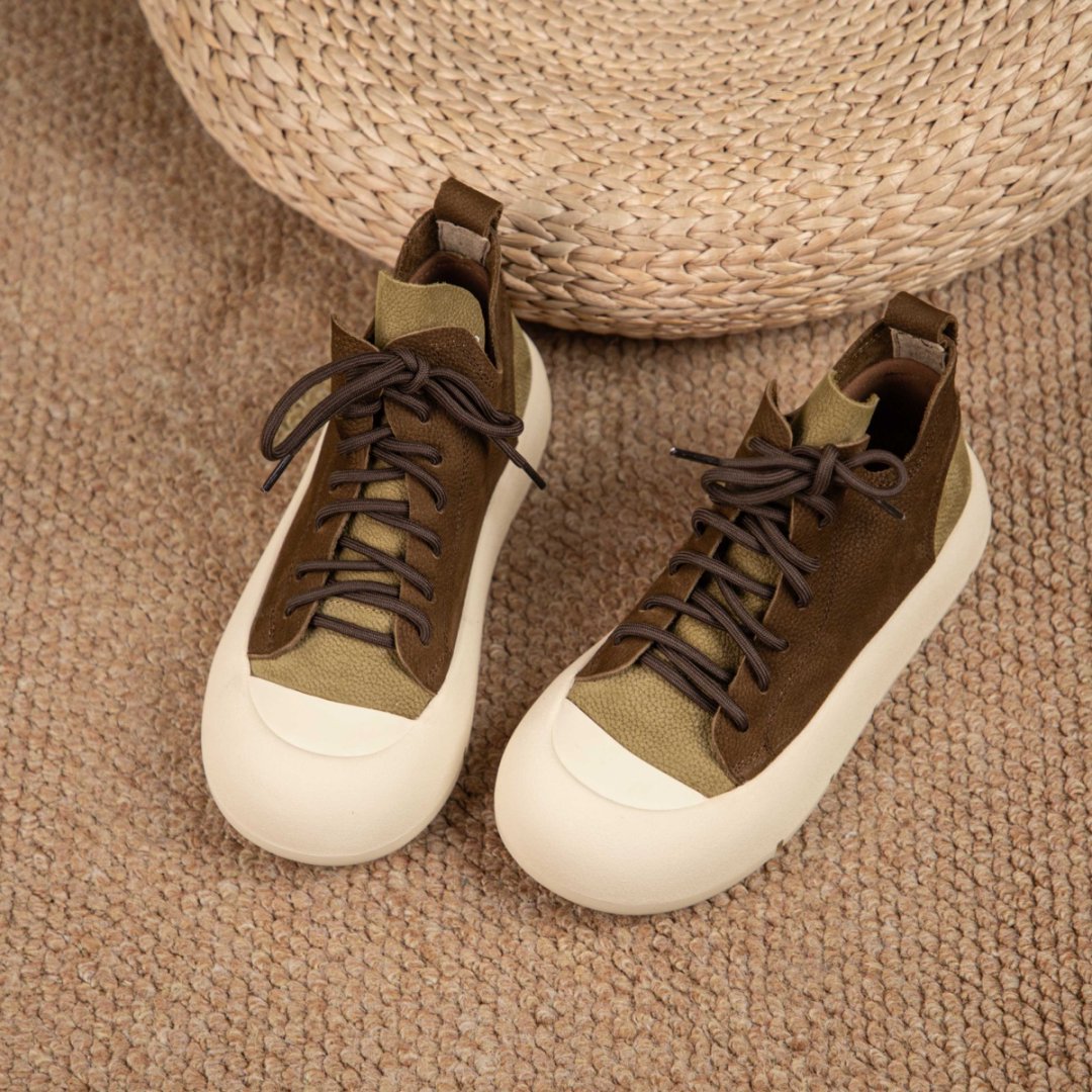 Retro Classic Genuine Leather Platform Patchwork Lace-Up Shoes