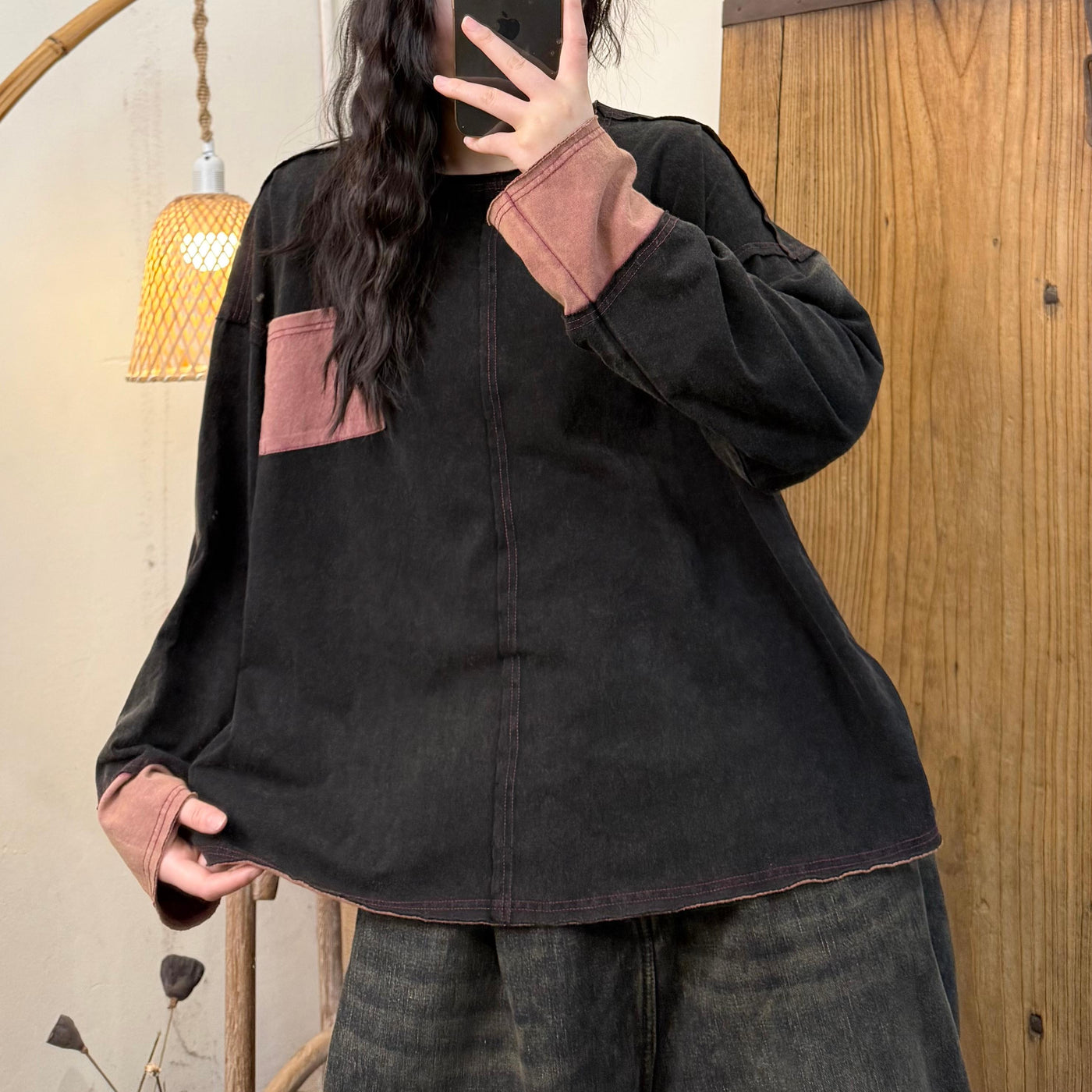 Women Spring Casual Vintage Knit Cotton Patchwork Top