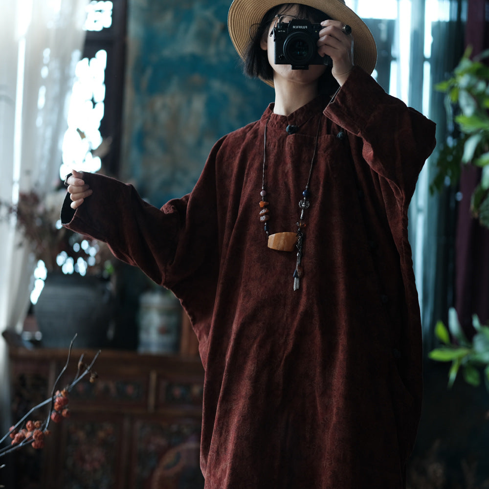 Retro Autumn Plus Size Cotton Stand Collar Red Long Dress