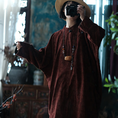 Retro Autumn Plus Size Cotton Stand Collar Red Long Dress