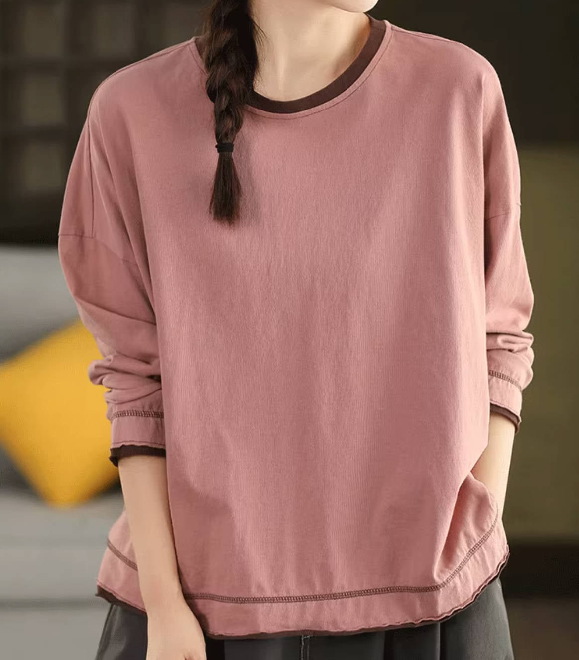 Women 100% Cotton Round Neck Patchwork Long Sleeves Pullover