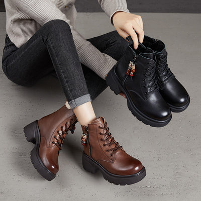 Genuine Leather Retro Platform Chunky Beading Zipper Boots