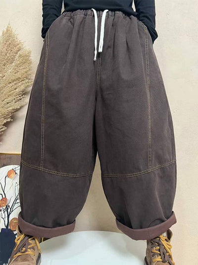 Winter Warm Cotton Thick Elastic Waist Lace-Up Loose Pants