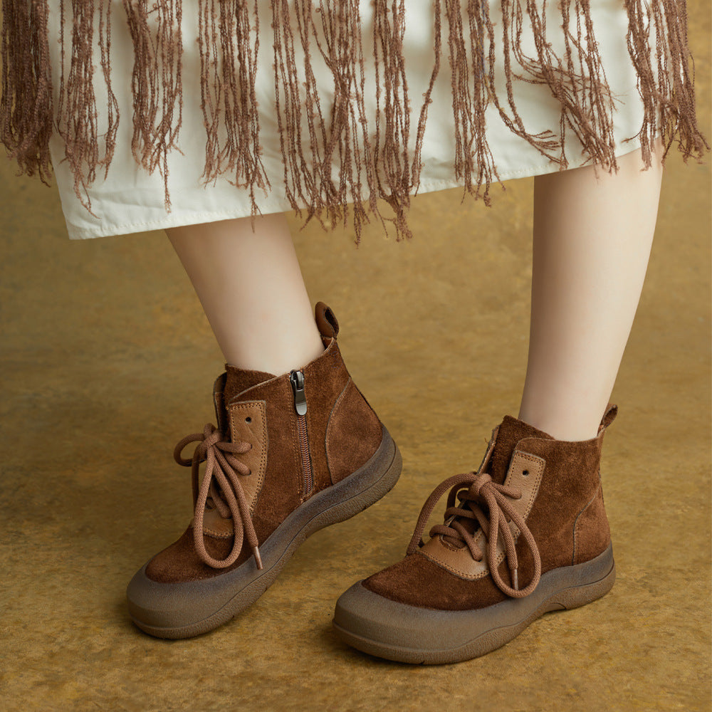 Winter Leather Sueded Soft Thick Sole Lace-Up Zipper Ankle Boots