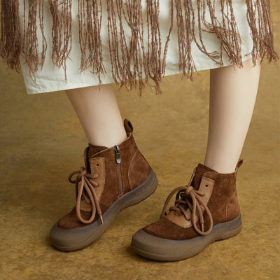 Winter Leather Sueded Soft Thick Sole Lace-Up Zipper Ankle Boots