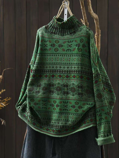 Winter Cotton Warm High Neck Printed Loose Plus Size Sweater