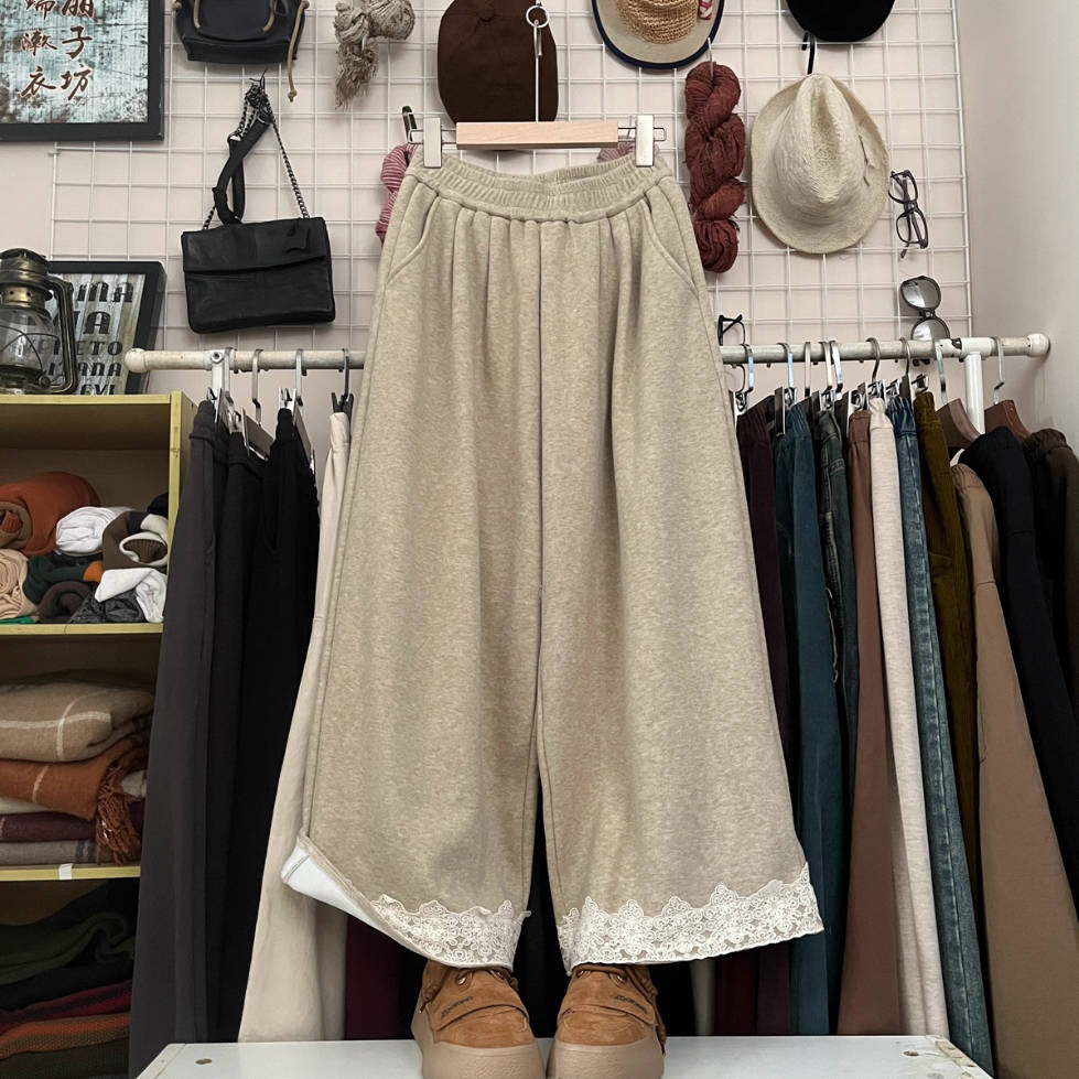 Winter Wool Cotton Warm Lace Patchwork Elastic Waist Pants