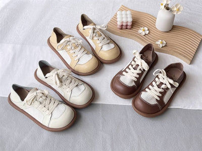 Top Leather Retro Soft Sole Mesh Patchwork Lace-Up Flat Shoes