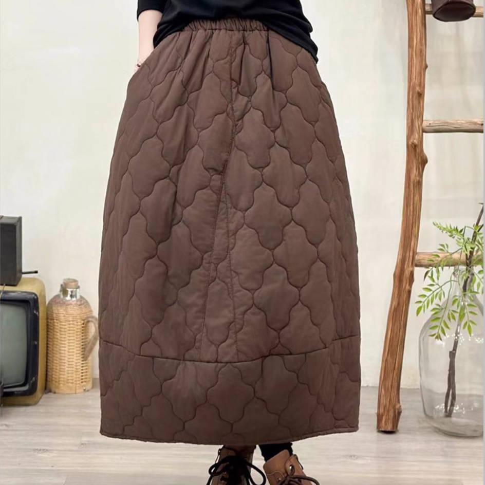 Winter Warm Cotton Argyle Solid Color A-Line Elastic Waist Skirt