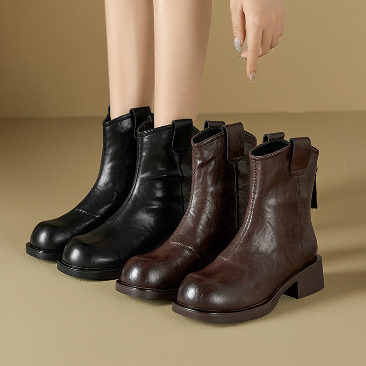 Vintage Top Leather Simple Chunky Casual Zipper Ankle Boots