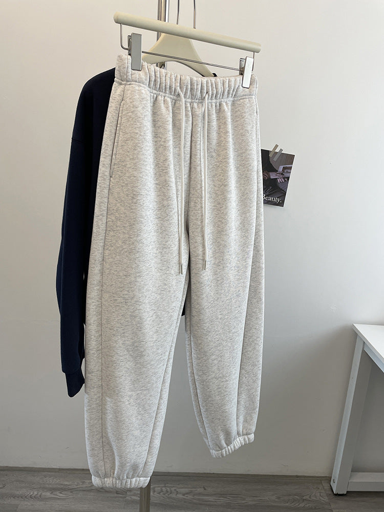 Autumn Winter Cotton Warm Elastic Waist Lace-Up Fleece-Lined Pants